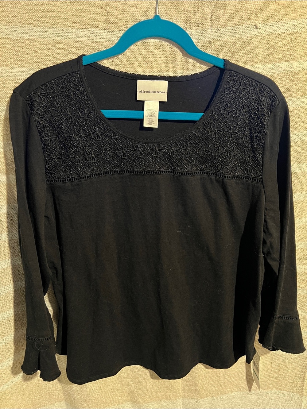 Alfred Dunner Black Long Sleeve Top with Lace Yoke